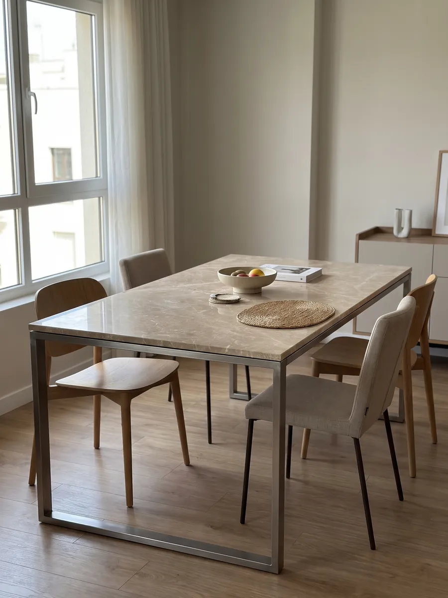 Mesa de comedor con cubierta de mármol beige Monaco Claro sobre base de acero: beige rosado con una red fina y pareja de vetas color crema