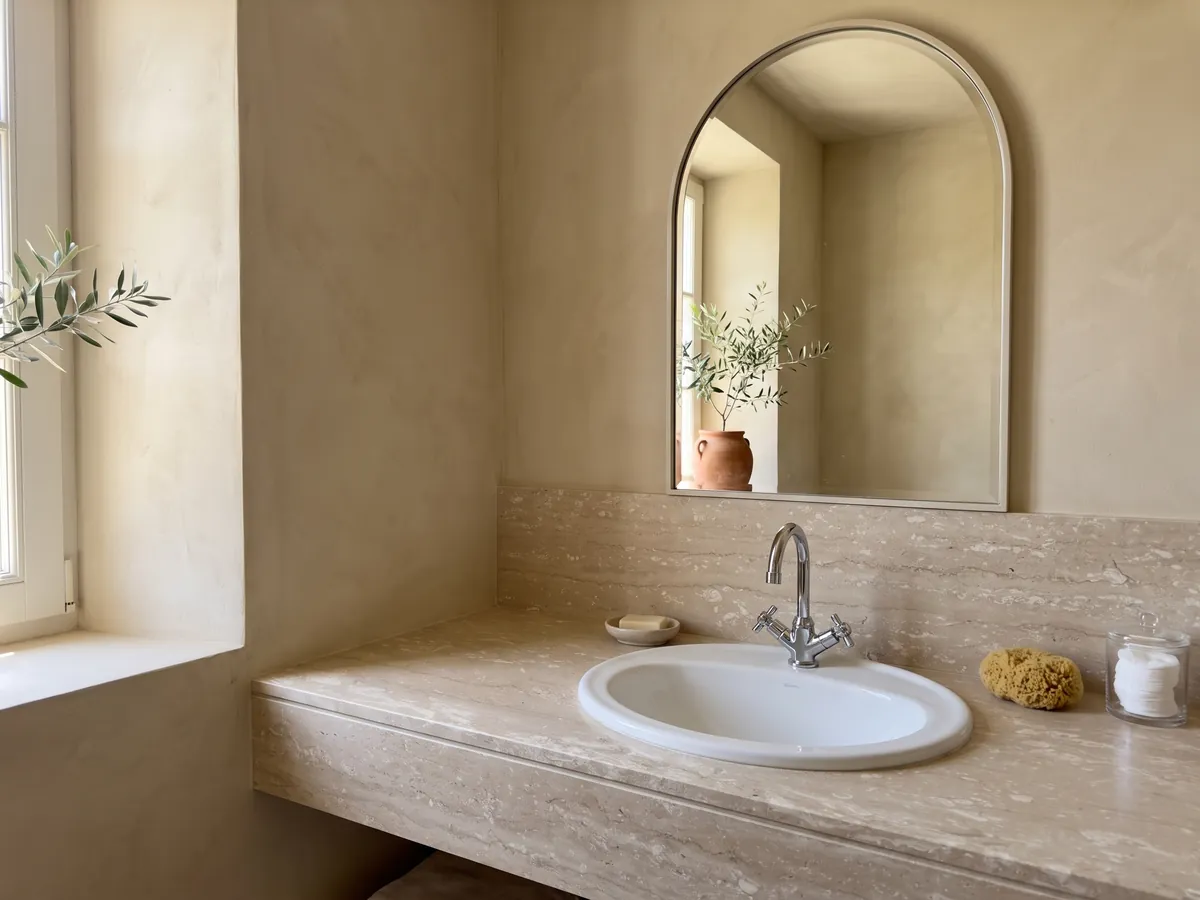 Cubierta de lavabo y pared de baño en mármol beige Perlatino con lavamanos blanco y grifería cromada: beige con pequeñas manchas crema alineadas en sentido horizontal