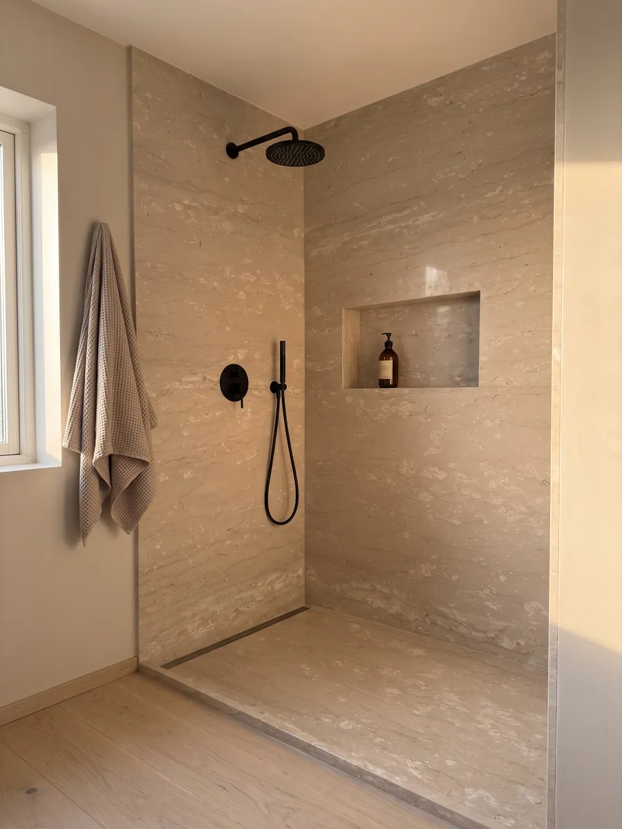 Ducha revestida con placas enteras de mármol beige Perlatino con nicho empotrado: beige con pequeñas manchas crema alineadas en sentido horizontal