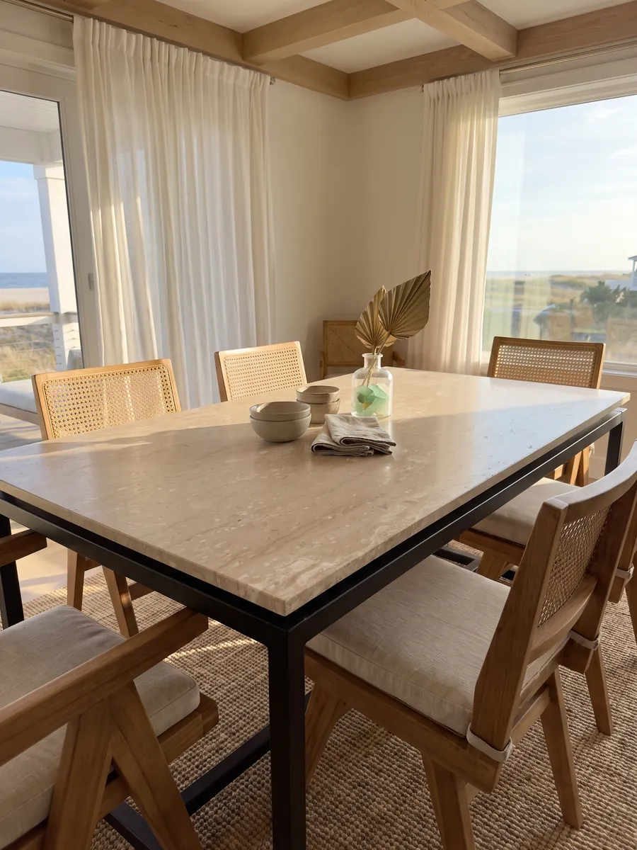 Mesa de comedor con cubierta de mármol beige Perlatino sobre base de acero: beige con pequeñas manchas crema alineadas en sentido horizontal