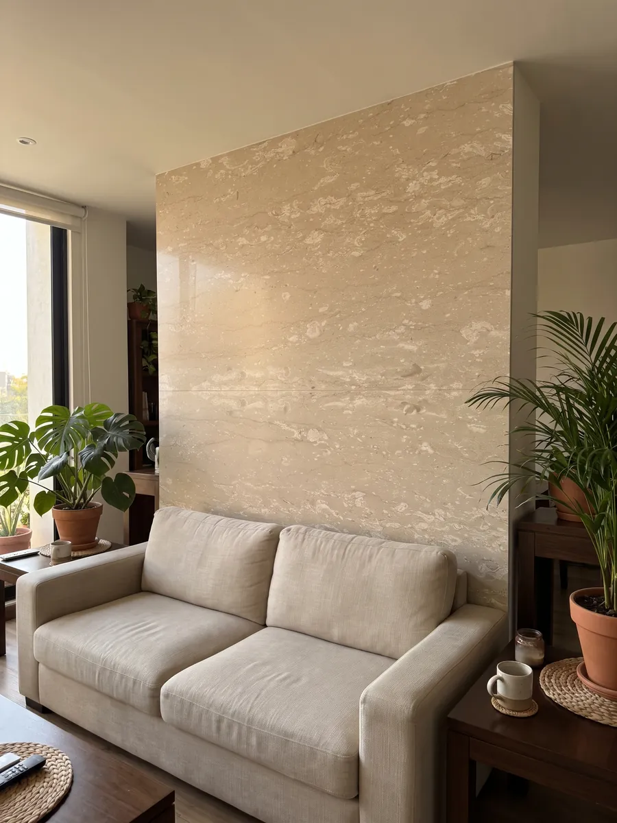 Pared de sala revestida con placas de mármol beige Perlatino abiertas en libro detrás de un sofá: beige con pequeñas manchas crema alineadas en sentido horizontal