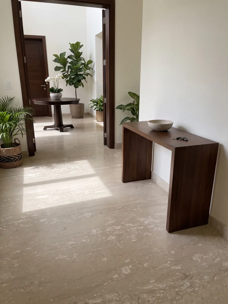 Piso de recibidor en placas grandes de mármol beige Perlatino con luz natural: beige con pequeñas manchas crema alineadas en sentido horizontal