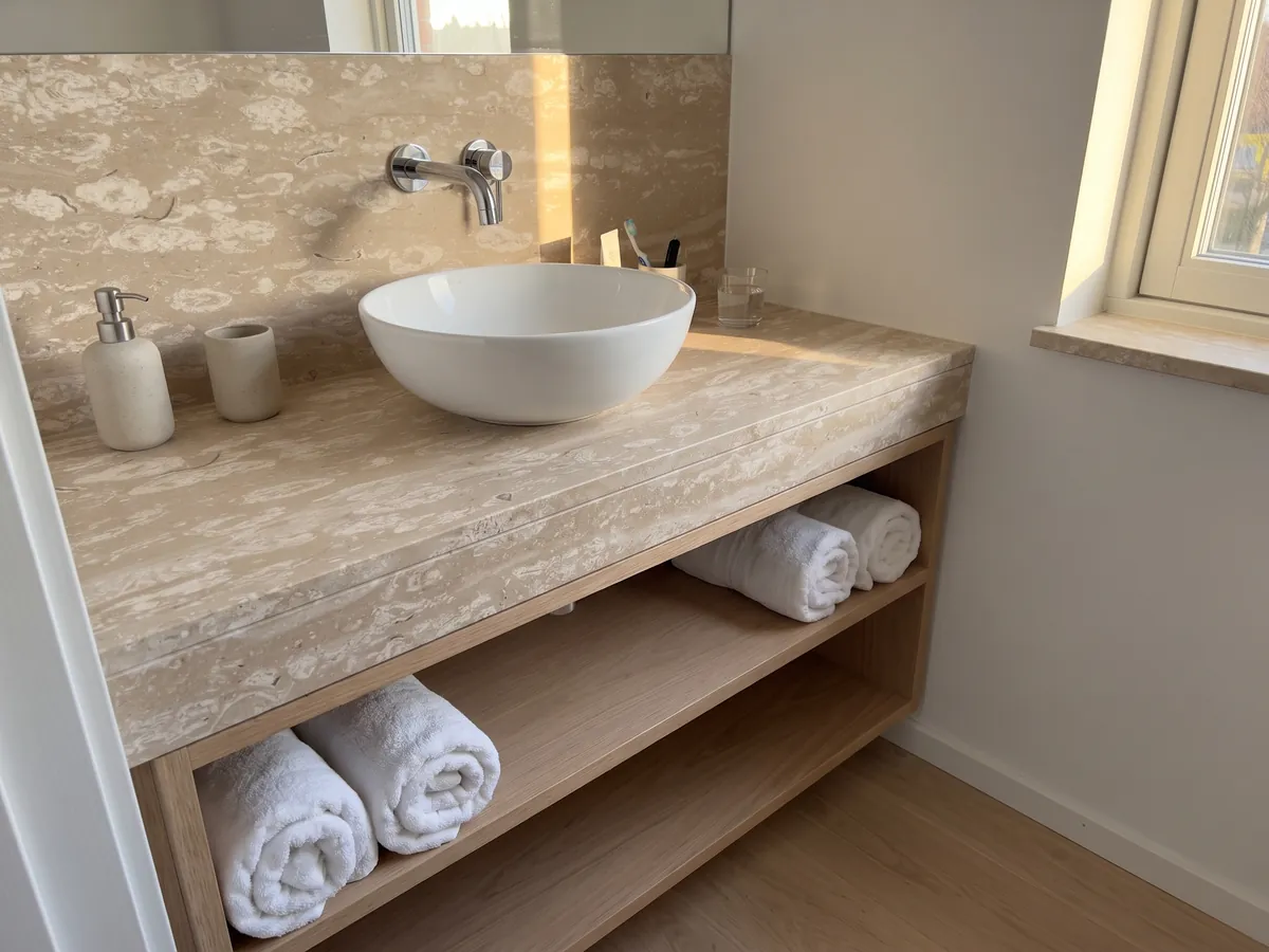 Cubierta de lavabo y pared de baño en mármol beige Perlato Royal con lavamanos blanco y grifería cromada: beige salpicado de manchas crema redondeadas en franjas horizontales