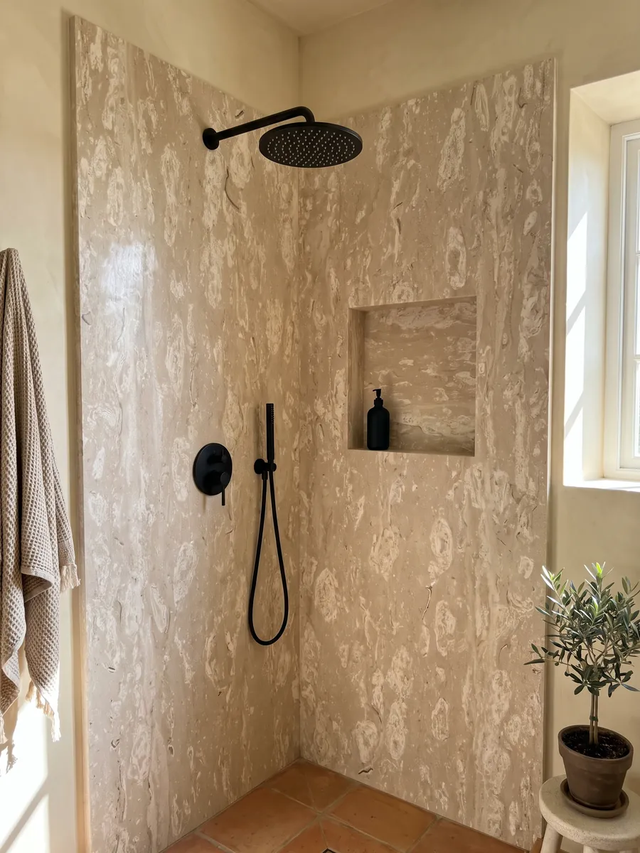 Ducha revestida con placas enteras de mármol beige Perlato Royal con nicho empotrado: beige salpicado de manchas crema redondeadas en franjas horizontales