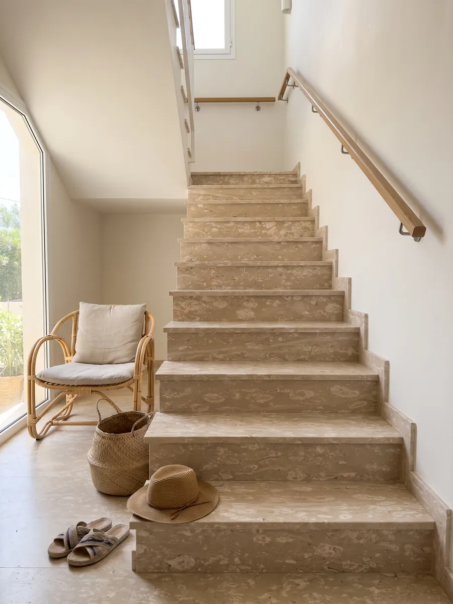 Escalera interior con peldaños de mármol beige Perlato Royal con pasamanos: beige salpicado de manchas crema redondeadas en franjas horizontales