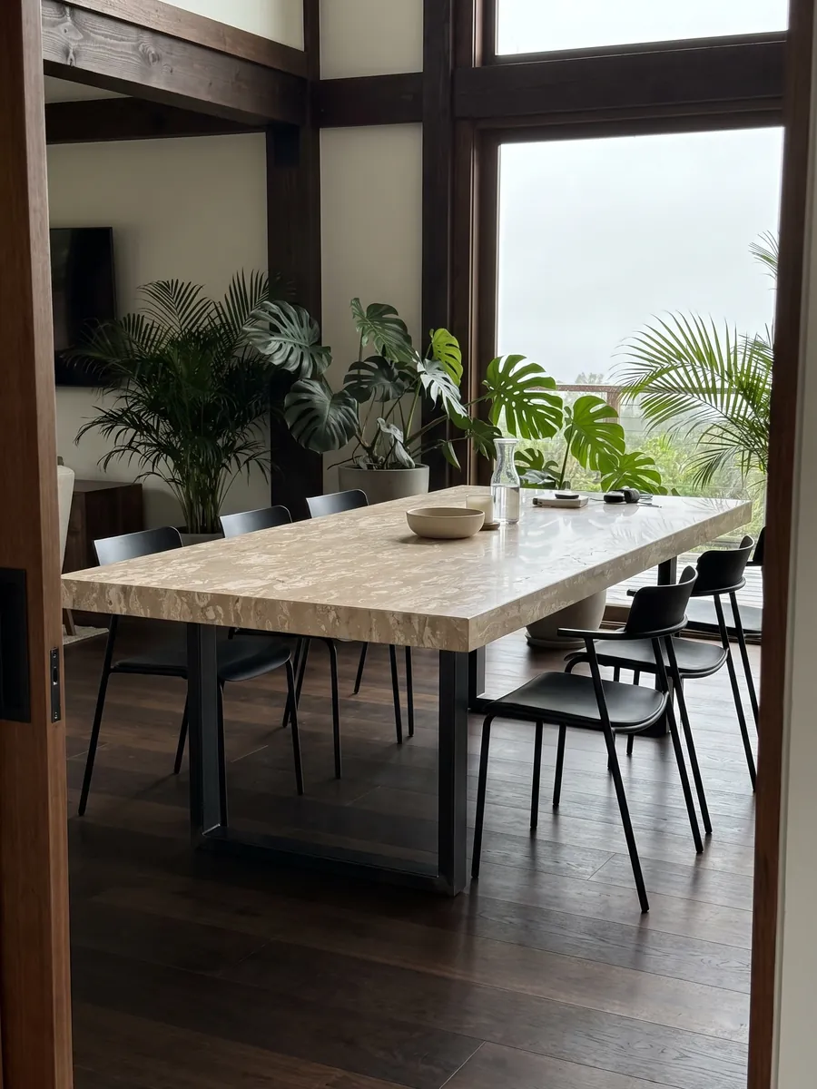 Mesa de comedor con cubierta de mármol beige Perlato Royal sobre base de acero: beige salpicado de manchas crema redondeadas en franjas horizontales