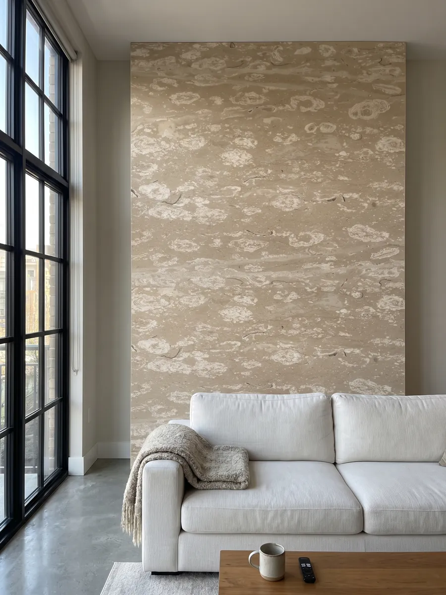 Pared de sala revestida con placas de mármol beige Perlato Royal abiertas en libro detrás de un sofá: beige salpicado de manchas crema redondeadas en franjas horizontales