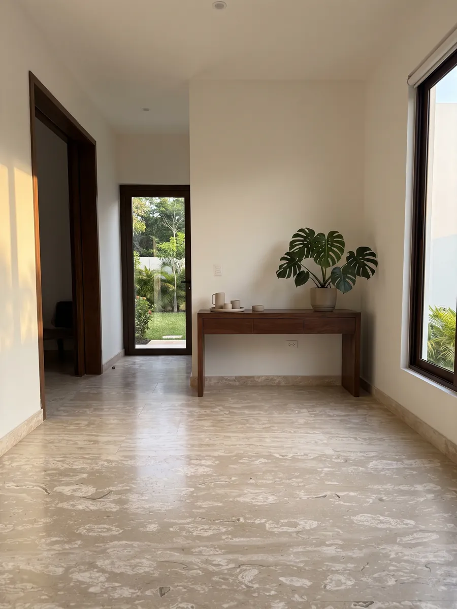 Piso de recibidor en placas grandes de mármol beige Perlato Royal con luz natural: beige salpicado de manchas crema redondeadas en franjas horizontales
