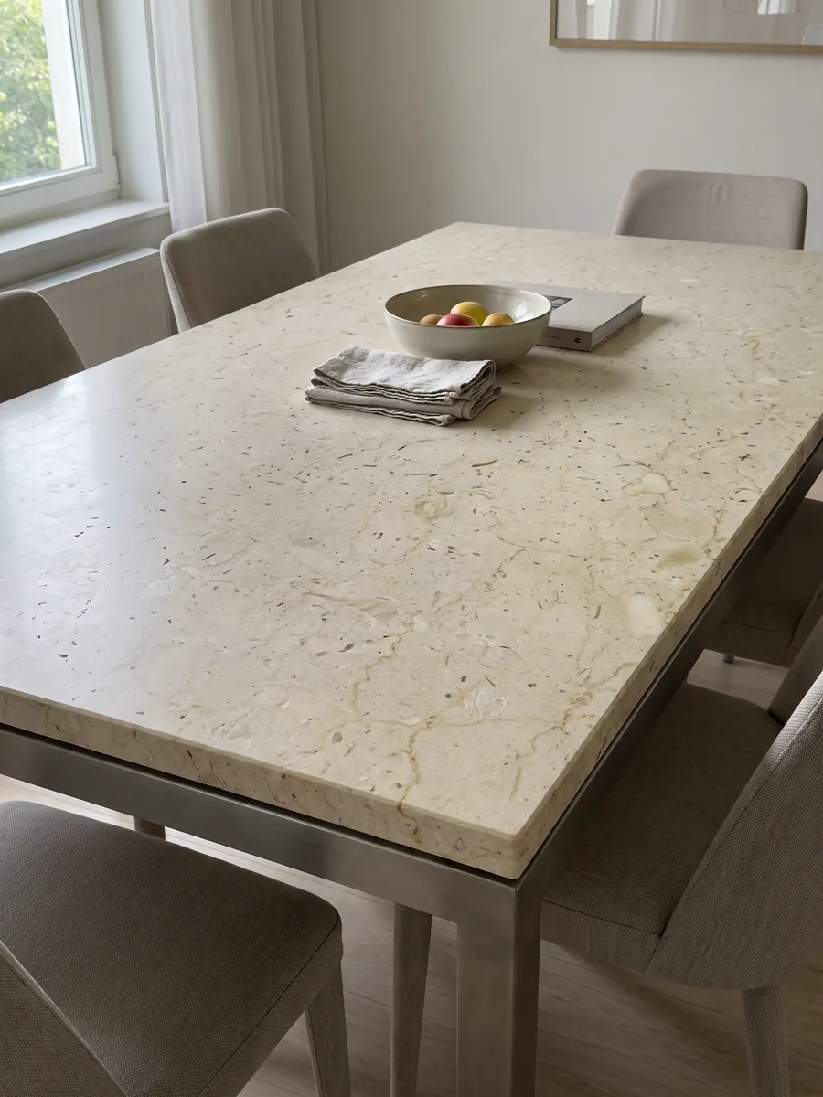 Mesa de comedor con cubierta de mármol beige Pietra Ducale sobre base de acero: crema amarillento con pequeños fragmentos fósiles y puntitos marrones