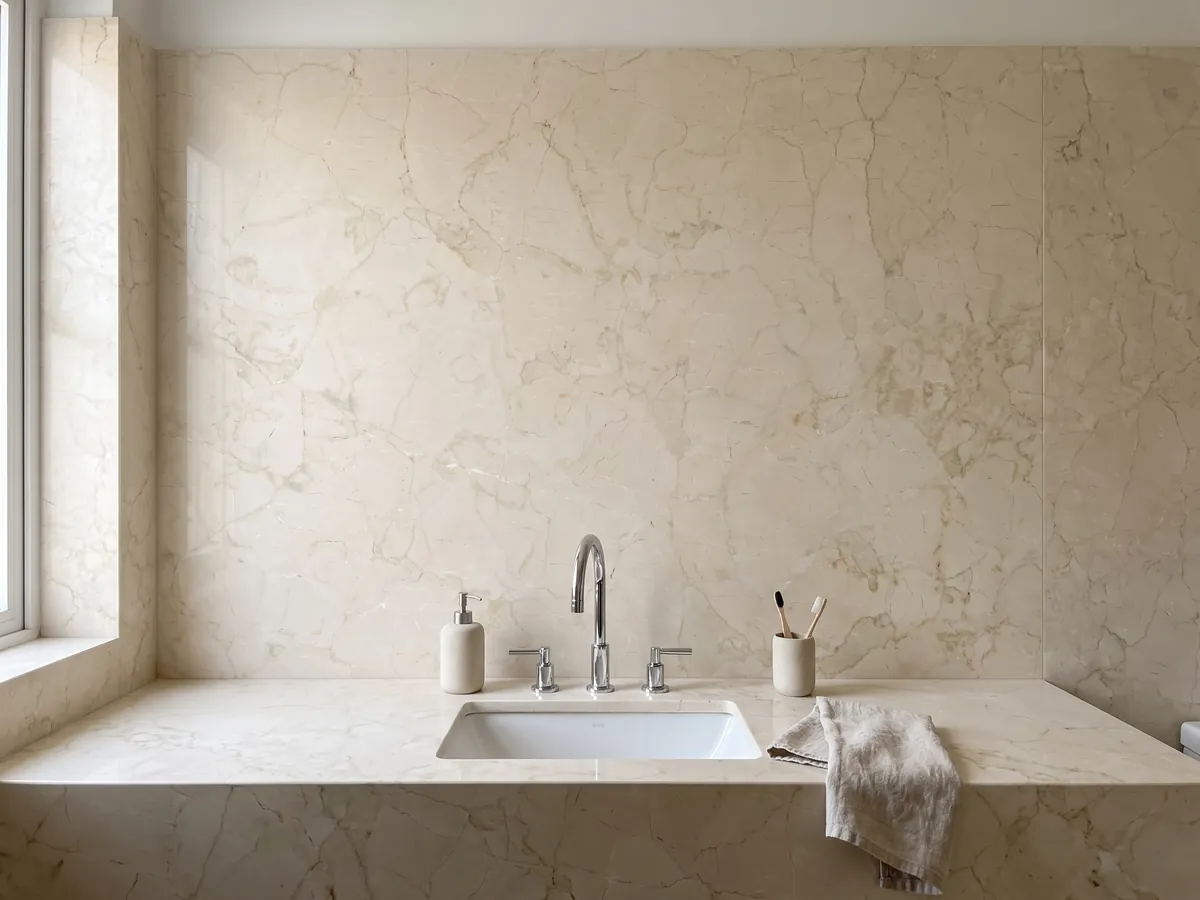 Cubierta de lavabo y pared de baño en mármol beige Pietra Orsera con lavamanos blanco y grifería cromada: crema claro con una red de vetas beige muy tenues