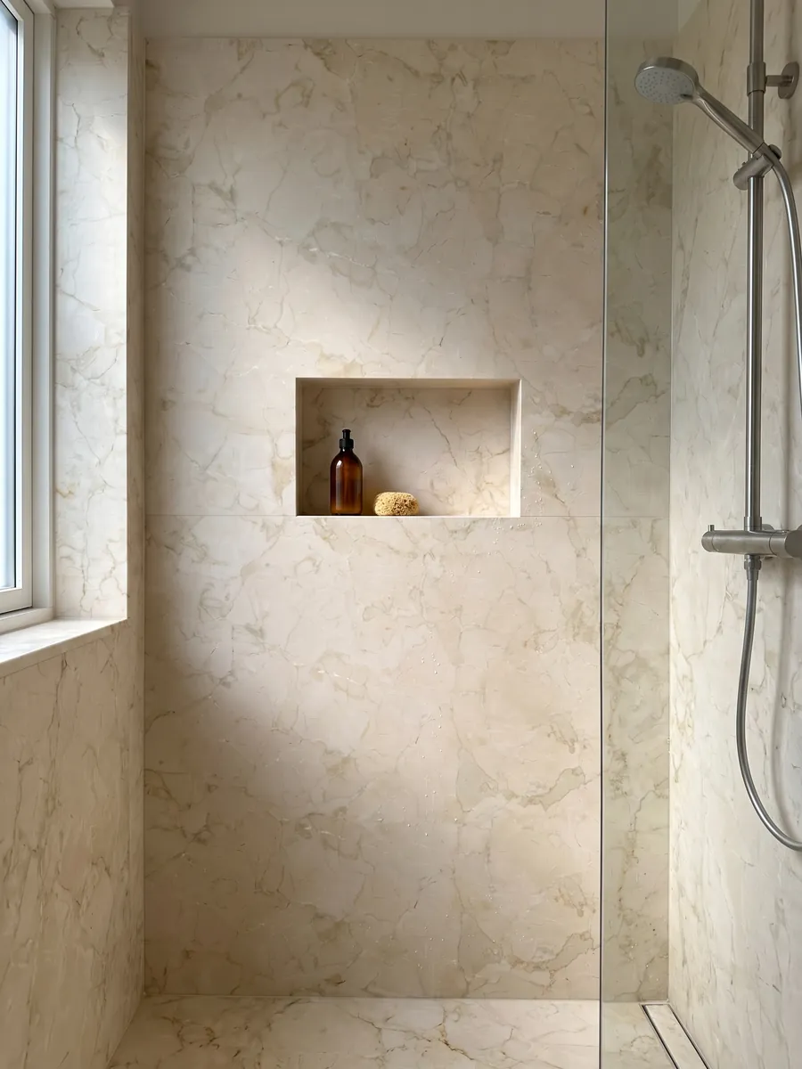 Ducha revestida con placas enteras de mármol beige Pietra Orsera con nicho empotrado: crema claro con una red de vetas beige muy tenues
