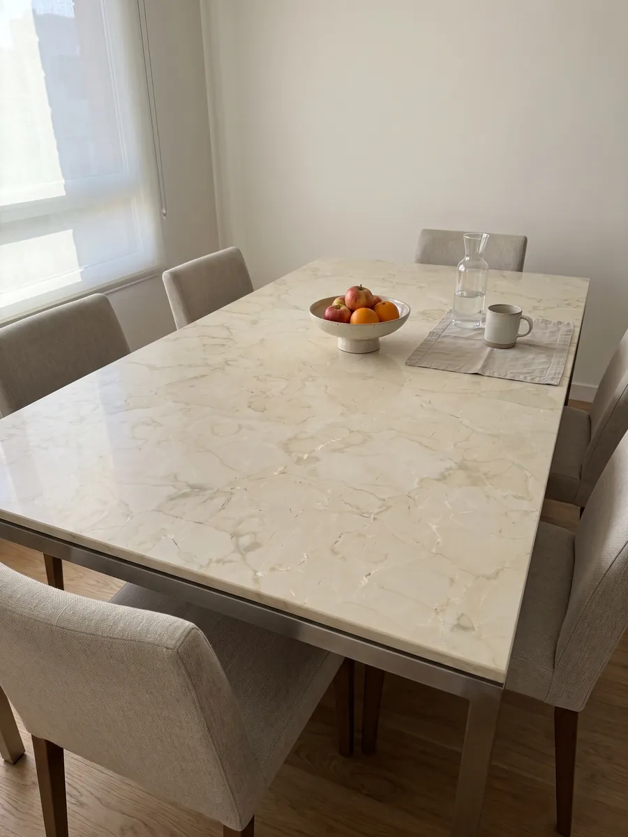 Mesa de comedor con cubierta de mármol beige Pietra Orsera sobre base de acero: crema claro con una red de vetas beige muy tenues