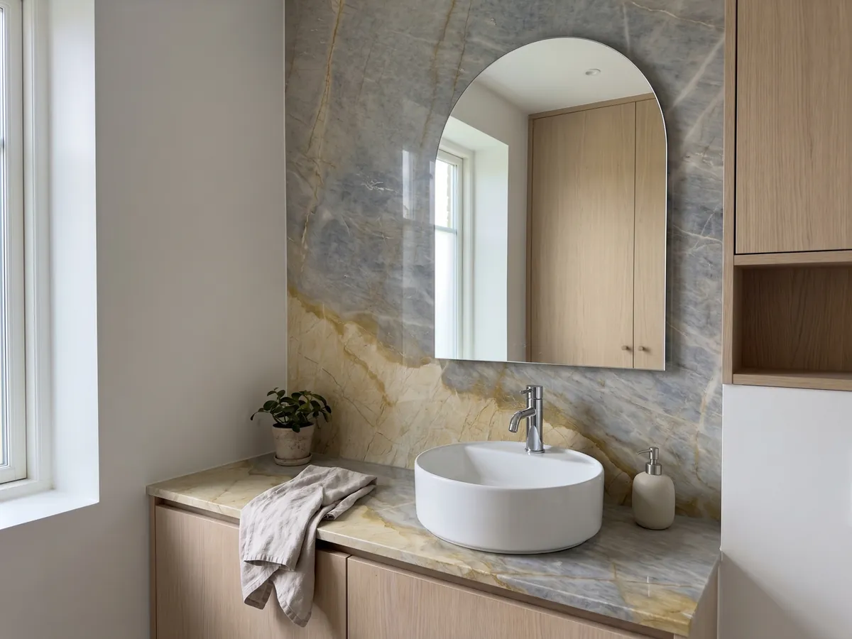 Cubierta de lavabo y pared de baño en mármol beige Skysand con lavamanos blanco y grifería cromada: una zona amarillo dorado y otra gris azulada separadas por una línea ocre