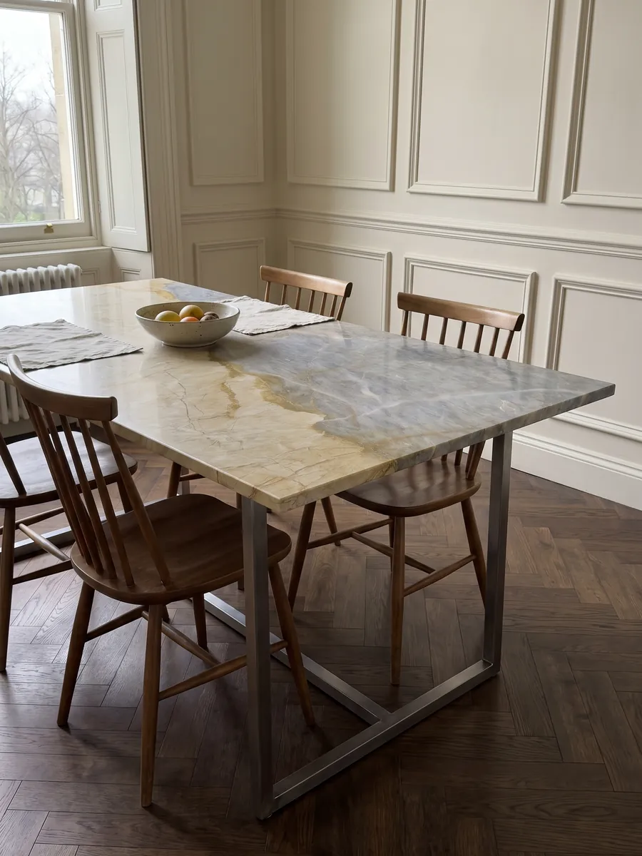 Mesa de comedor con cubierta de mármol beige Skysand sobre base de acero: una zona amarillo dorado y otra gris azulada separadas por una línea ocre