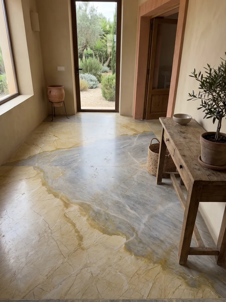 Piso de recibidor en placas grandes de mármol beige Skysand con luz natural: una zona amarillo dorado y otra gris azulada separadas por una línea ocre