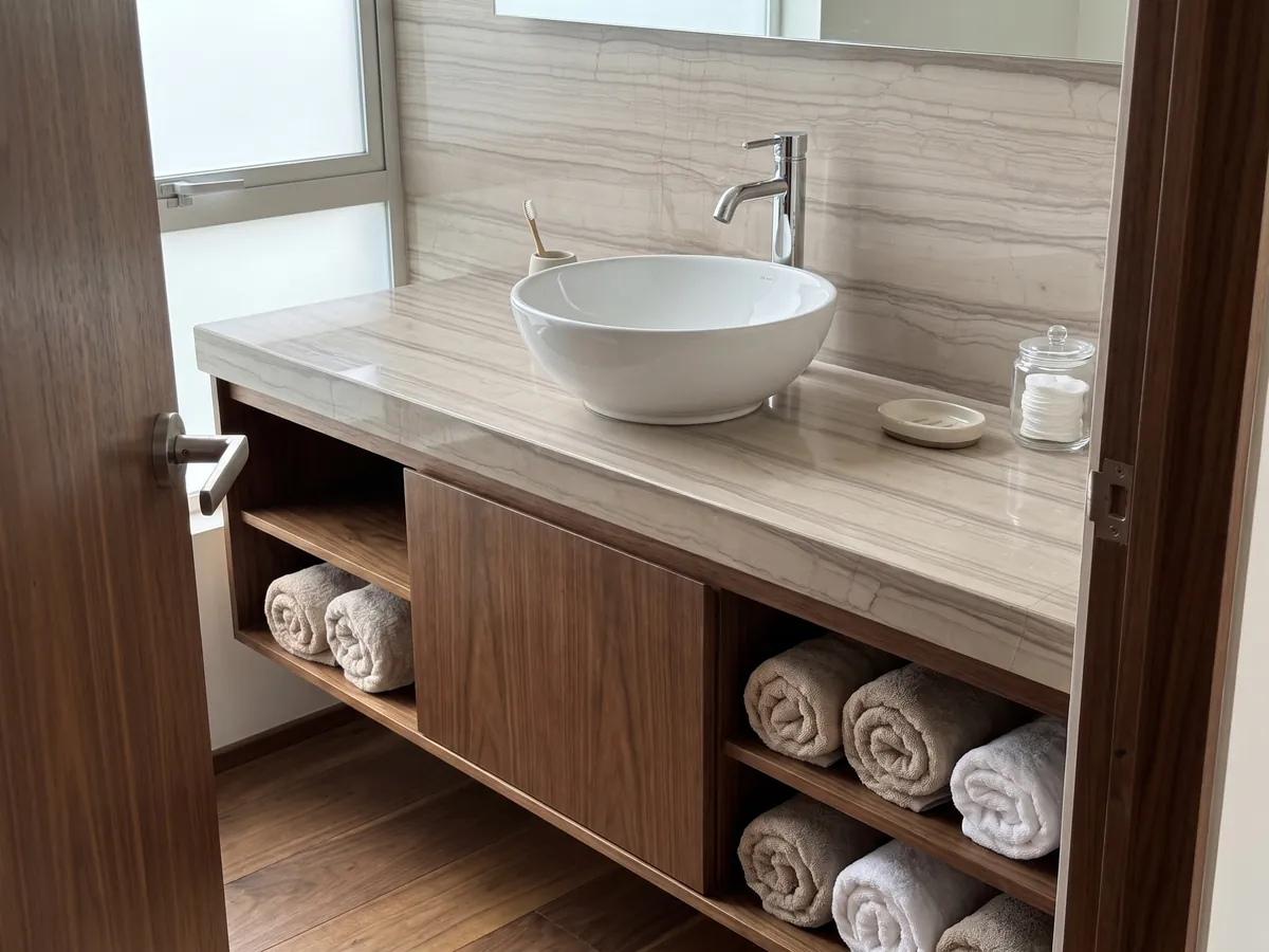Cubierta de lavabo y pared de baño en mármol beige Striato Elegante con lavamanos blanco y grifería cromada: beige topo con líneas horizontales paralelas que recuerdan a la madera