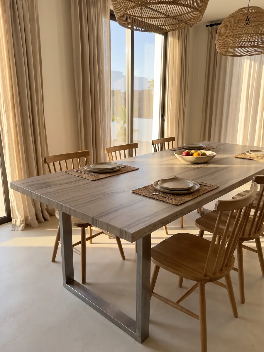 Mesa de comedor con cubierta de mármol beige Striato Elegante sobre base de acero: beige topo con líneas horizontales paralelas que recuerdan a la madera