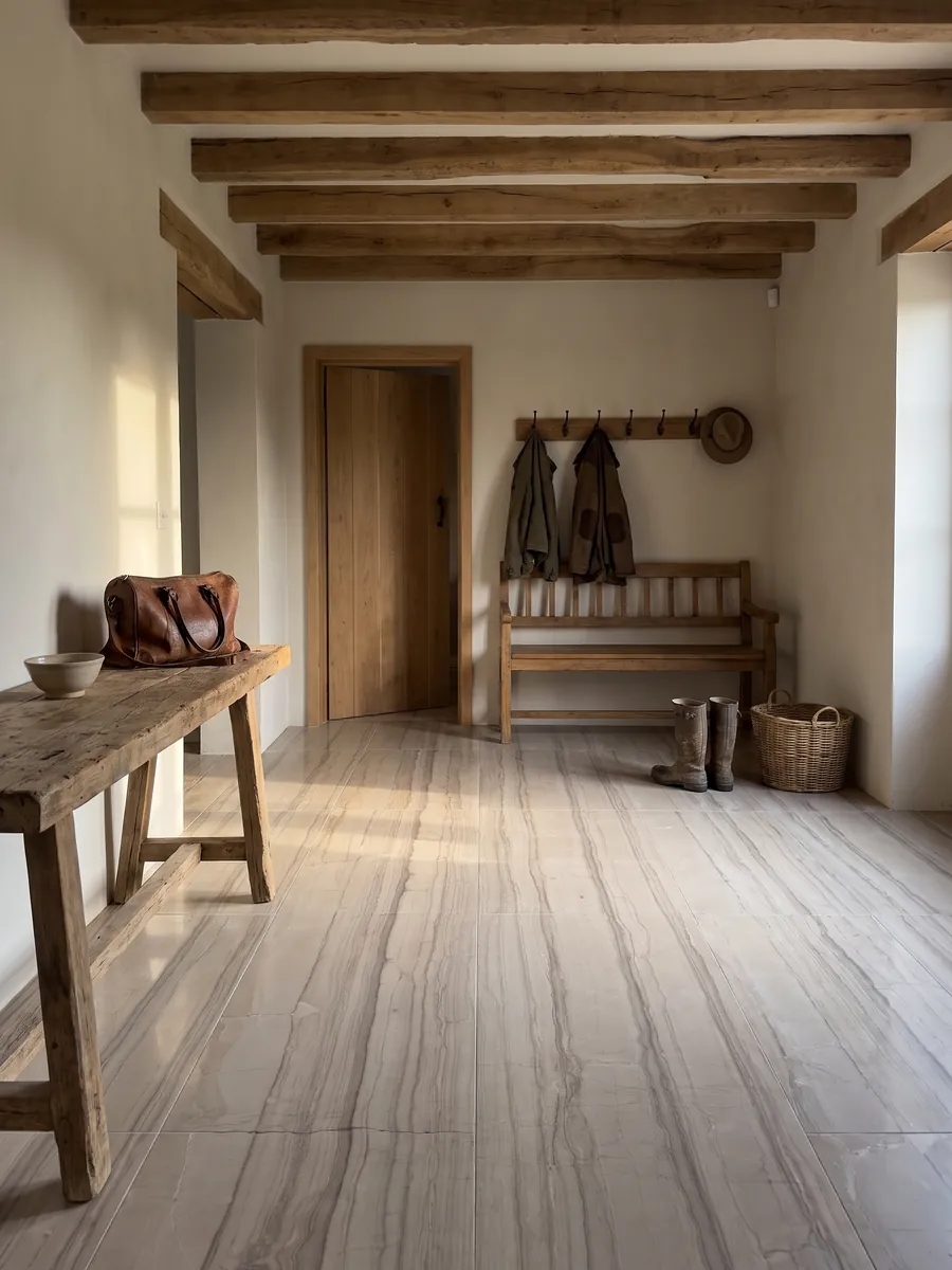 Piso de recibidor en placas grandes de mármol beige Striato Elegante con luz natural: beige topo con líneas horizontales paralelas que recuerdan a la madera