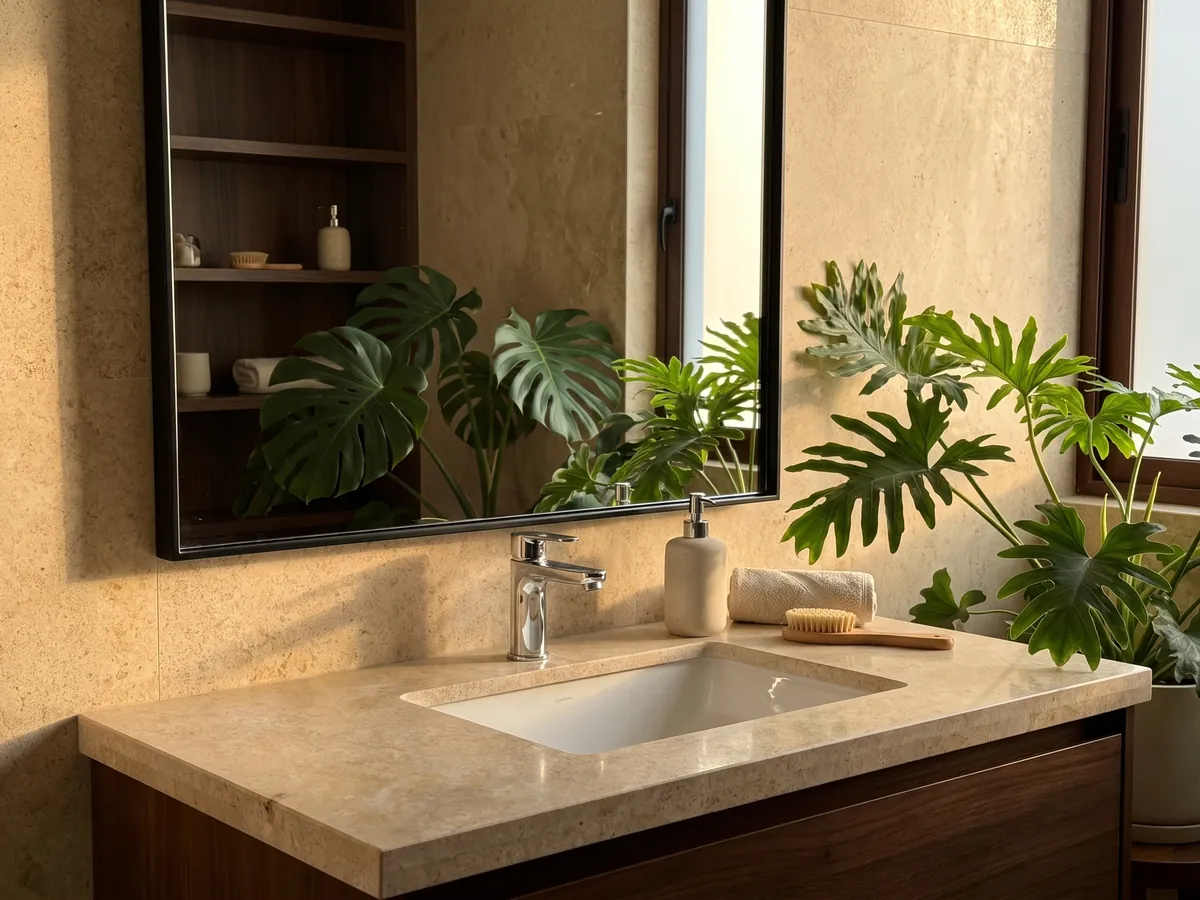 Cubierta de lavabo y pared de baño en mármol beige Trani con lavamanos blanco y grifería cromada: superficie beige dorada de grano fino y parejo, casi sin dibujo