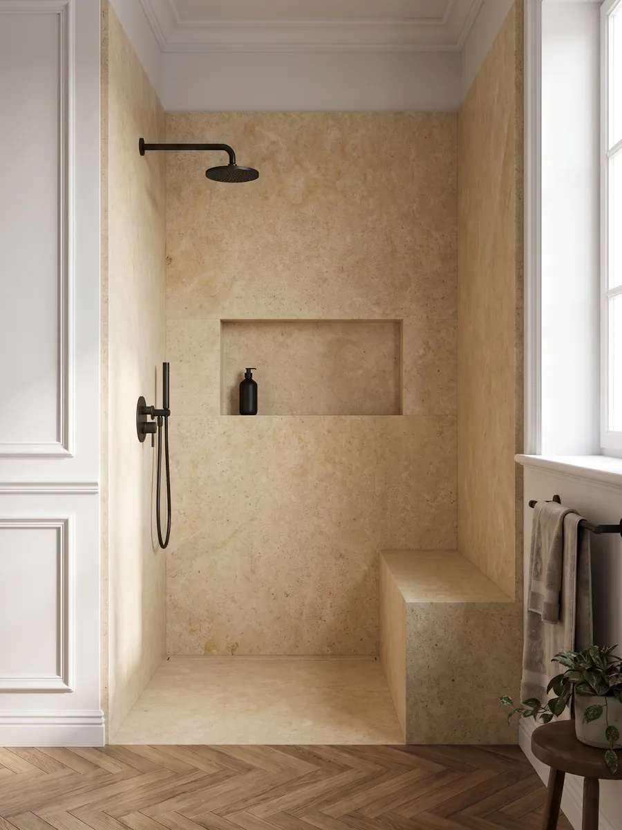Ducha revestida con placas enteras de mármol beige Trani con nicho empotrado: superficie beige dorada de grano fino y parejo, casi sin dibujo