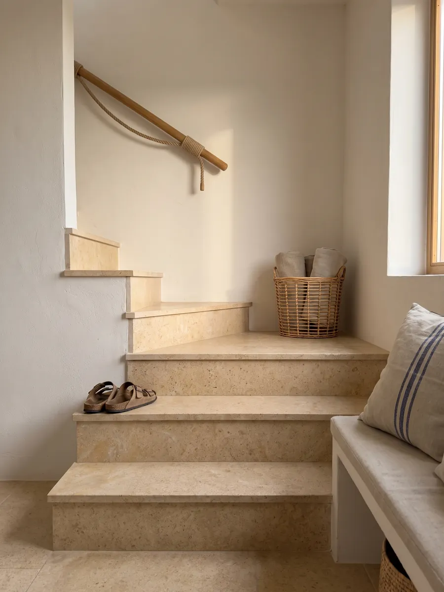 Escalera interior con peldaños de mármol beige Trani con pasamanos: superficie beige dorada de grano fino y parejo, casi sin dibujo