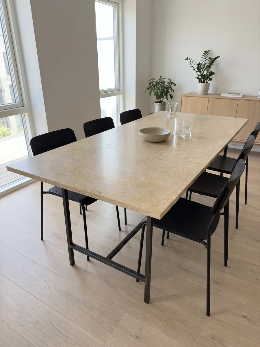 Mesa de comedor con cubierta de mármol beige Trani sobre base de acero: superficie beige dorada de grano fino y parejo, casi sin dibujo