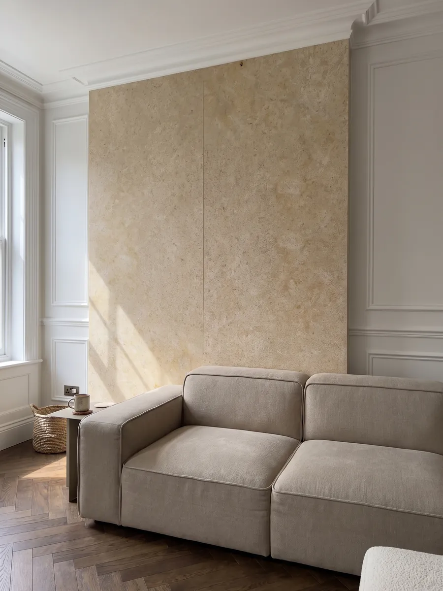 Pared de sala revestida con placas de mármol beige Trani abiertas en libro detrás de un sofá: superficie beige dorada de grano fino y parejo, casi sin dibujo