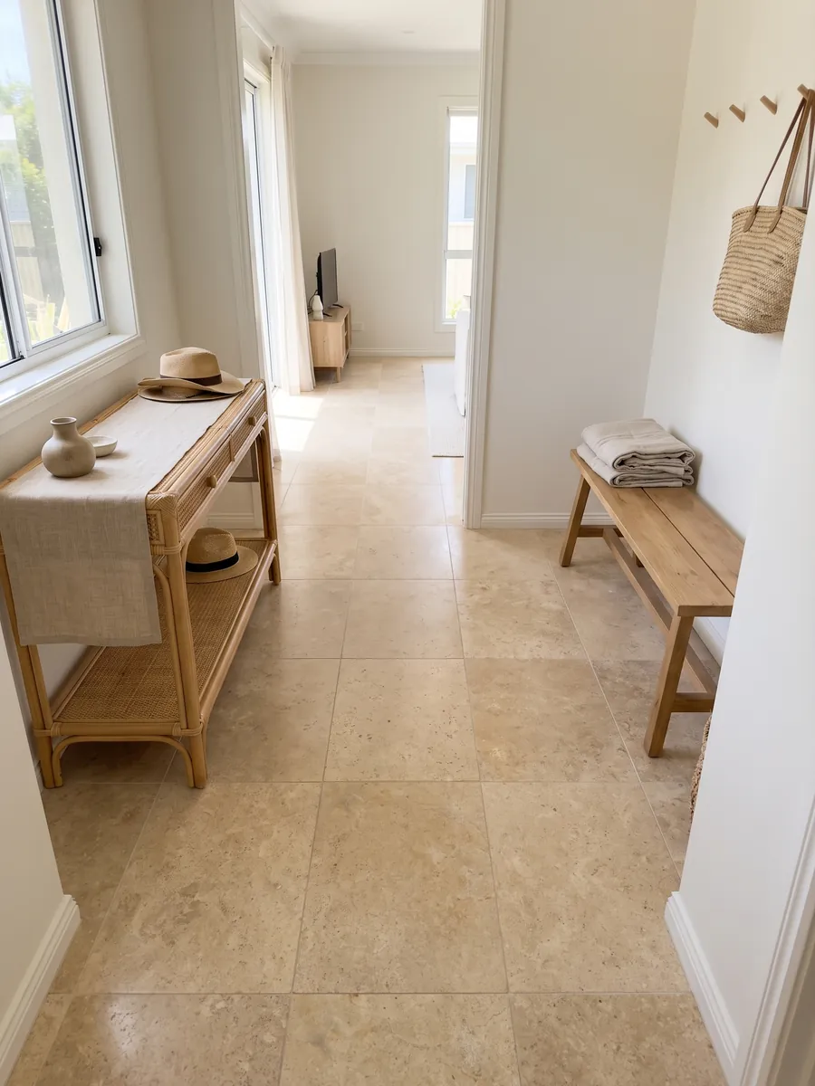 Piso de recibidor en placas grandes de mármol beige Trani con luz natural: superficie beige dorada de grano fino y parejo, casi sin dibujo