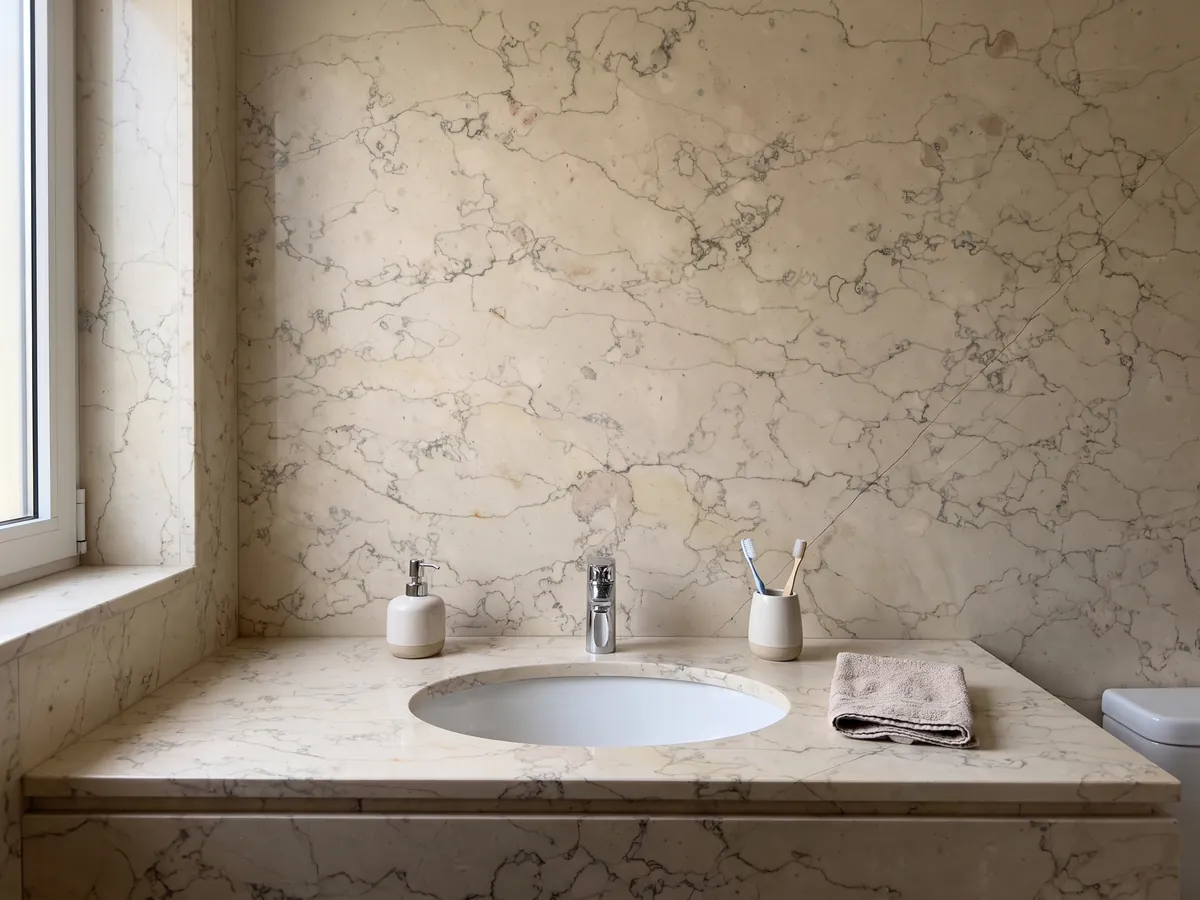 Cubierta de lavabo y pared de baño en mármol beige Verdello con lavamanos blanco y grifería cromada: fondo beige con una red fina de líneas grises sinuosas, como craquelado