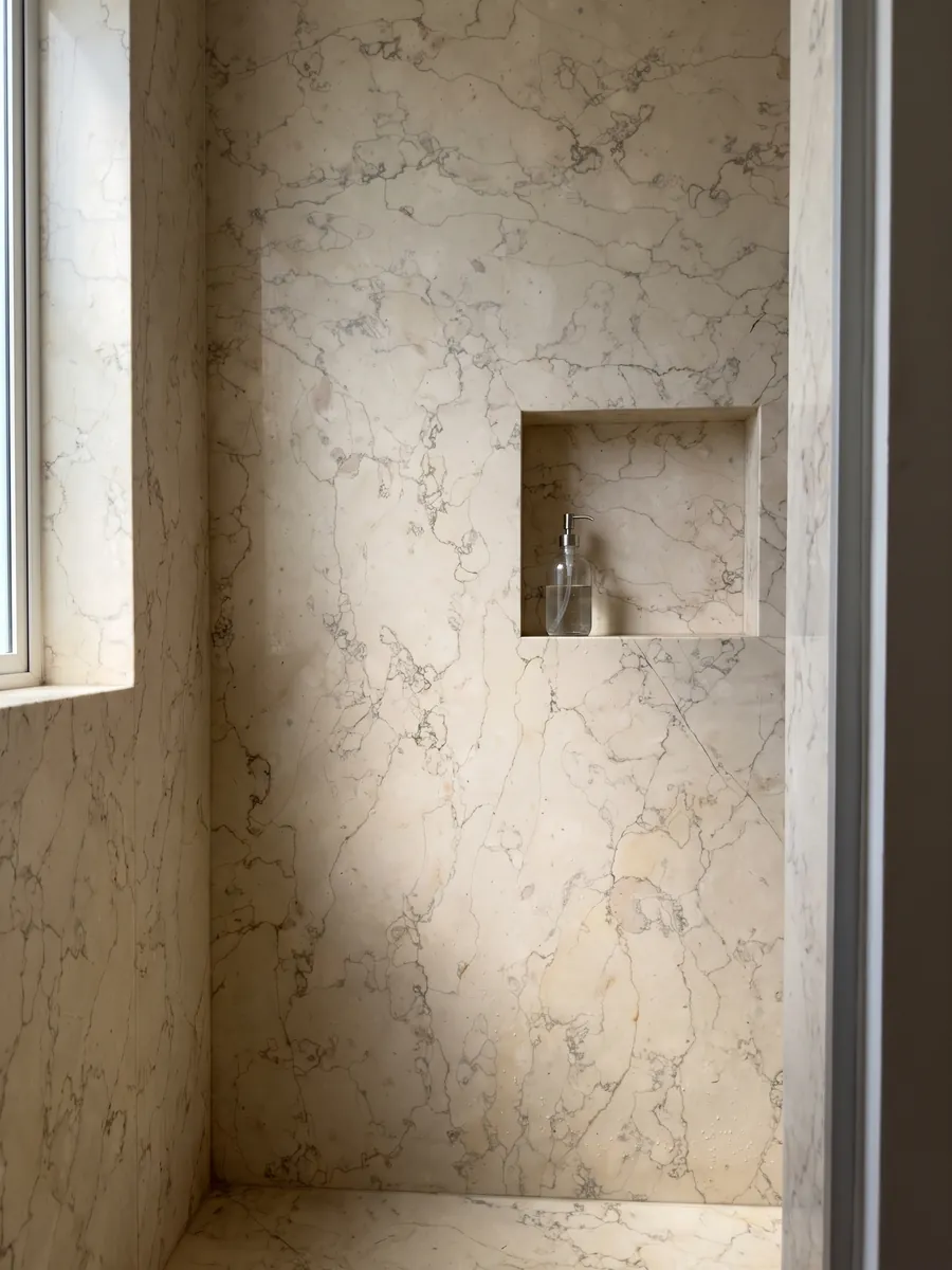 Ducha revestida con placas enteras de mármol beige Verdello con nicho empotrado: fondo beige con una red fina de líneas grises sinuosas, como craquelado