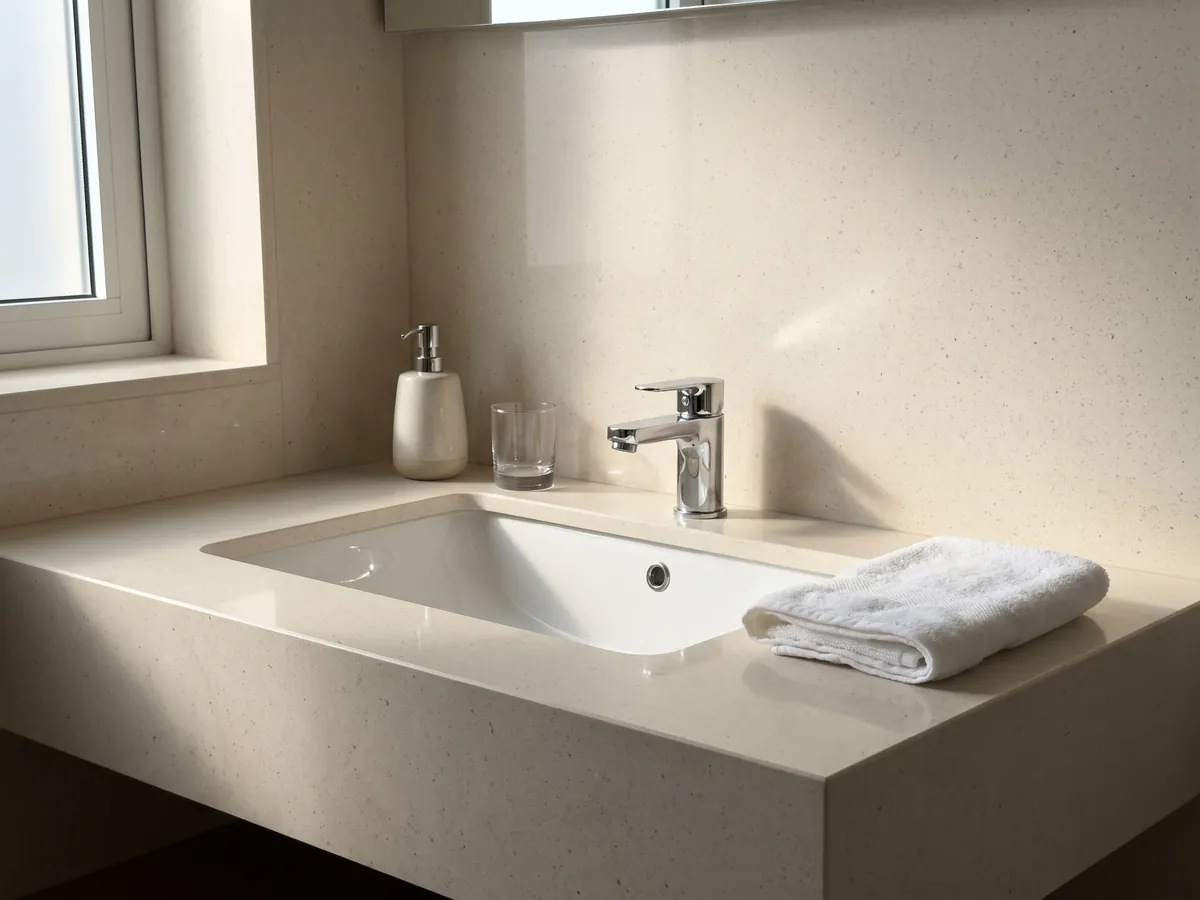 Cubierta de lavabo y pared de baño en mármol beige Veselje con lavamanos blanco y grifería cromada: crema liso y homogéneo, con puntitos oscuros apenas visibles