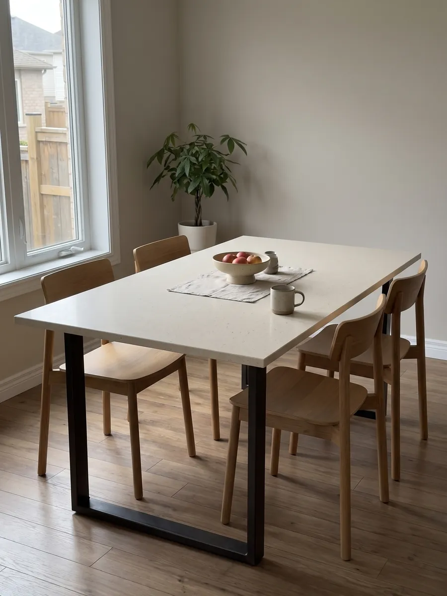 Mesa de comedor con cubierta de mármol beige Veselje sobre base de acero: crema liso y homogéneo, con puntitos oscuros apenas visibles