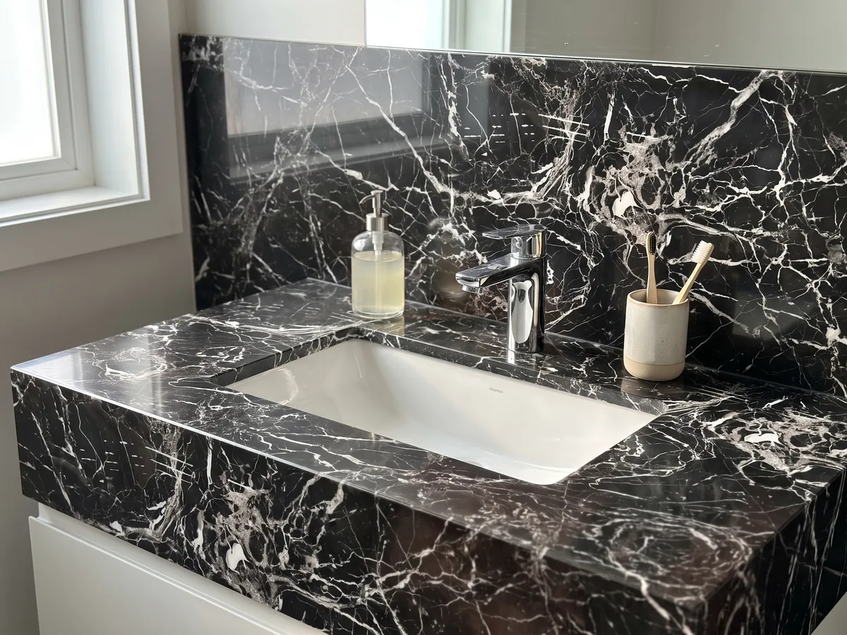 Cubierta de lavabo y pared de baño en Mármol Black Rose con lavamanos blanco y grifería cromada: negro con red densa de vetas blancas y una zona inferior con matiz marrón