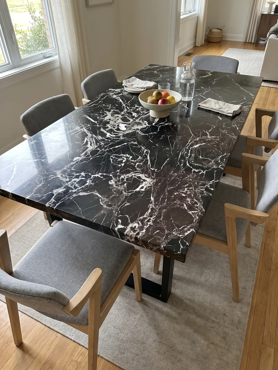 Mesa de comedor con cubierta de Mármol Black Rose sobre base de acero: negro con red densa de vetas blancas y una zona inferior con matiz marrón