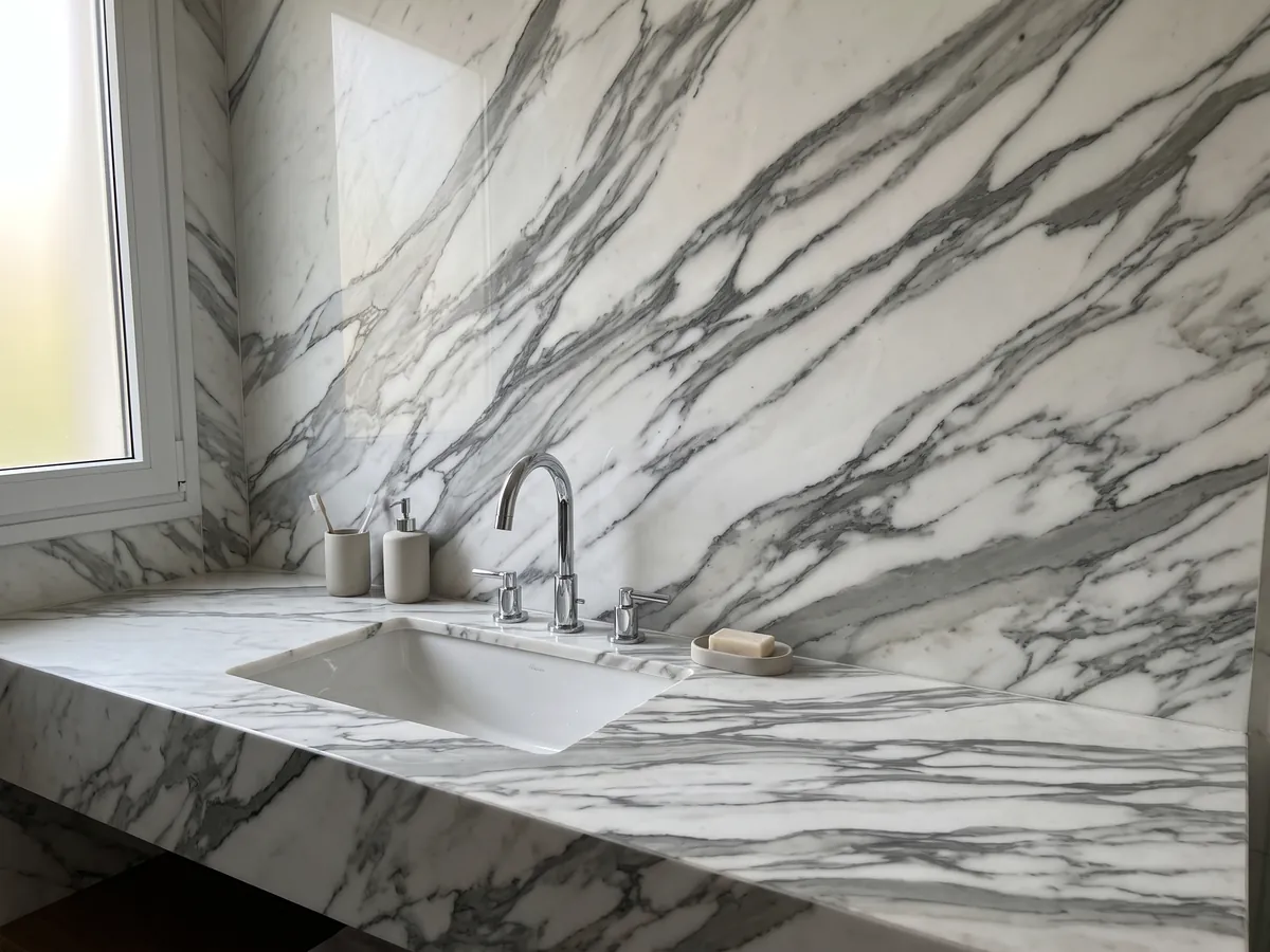 Cubierta de lavabo y pared de baño en mármol blanco Arabescato Apuano con lavamanos blanco y grifería cromada: vetas gris oscuro gruesas y ramificadas que cruzan el blanco en diagonal