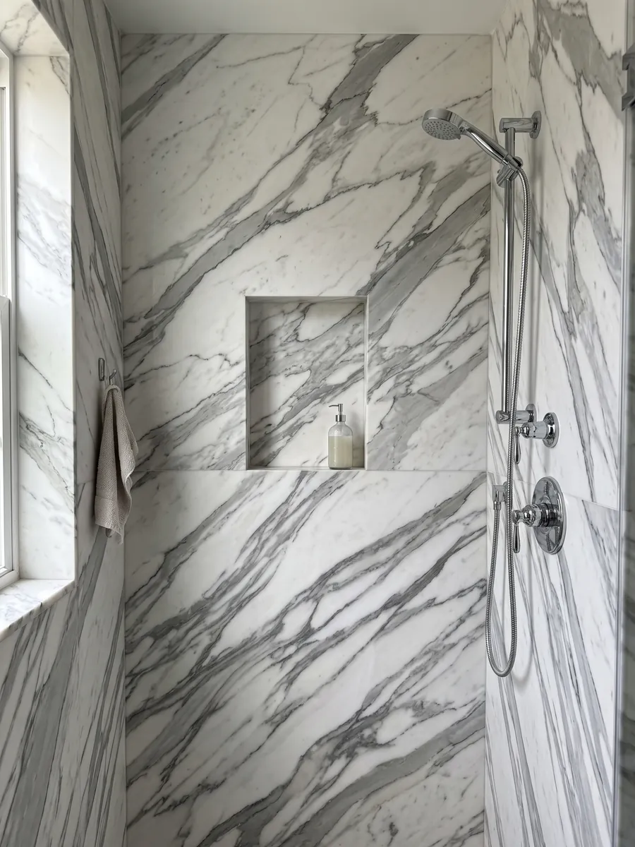 Ducha revestida con placas enteras de mármol blanco Arabescato Apuano con nicho empotrado: vetas gris oscuro gruesas y ramificadas que cruzan el blanco en diagonal