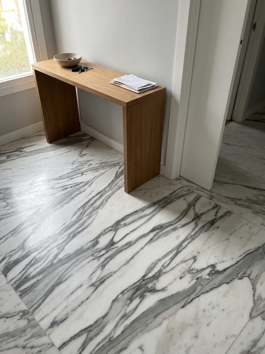 Piso de recibidor en placas grandes de mármol blanco Arabescato Apuano con luz natural: vetas gris oscuro gruesas y ramificadas que cruzan el blanco en diagonal