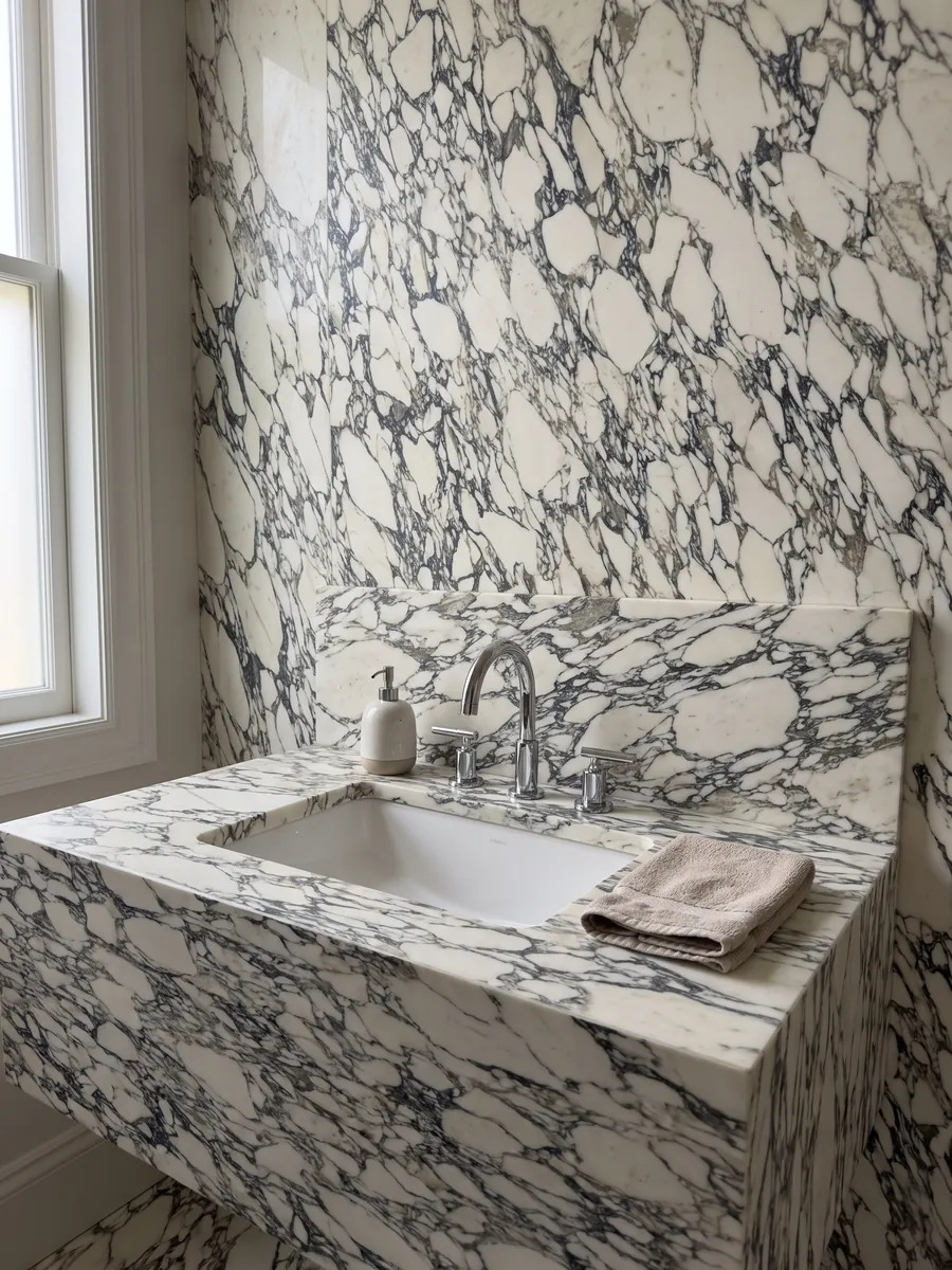 Cubierta de lavabo y pared de baño en mármol blanco Arabescato Corchia con lavamanos blanco y grifería cromada: red muy densa de vetas oscuras finas que encierran muchos fragmentos blancos pequeños