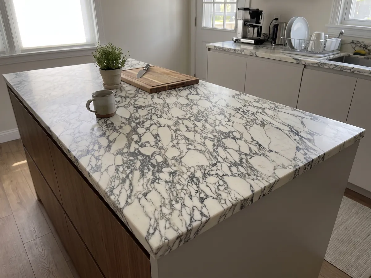 Isla de cocina con cubierta de mármol blanco Arabescato Corchia y canto recto en una cocina con luz natural: red muy densa de vetas oscuras finas que encierran muchos fragmentos blancos pequeños