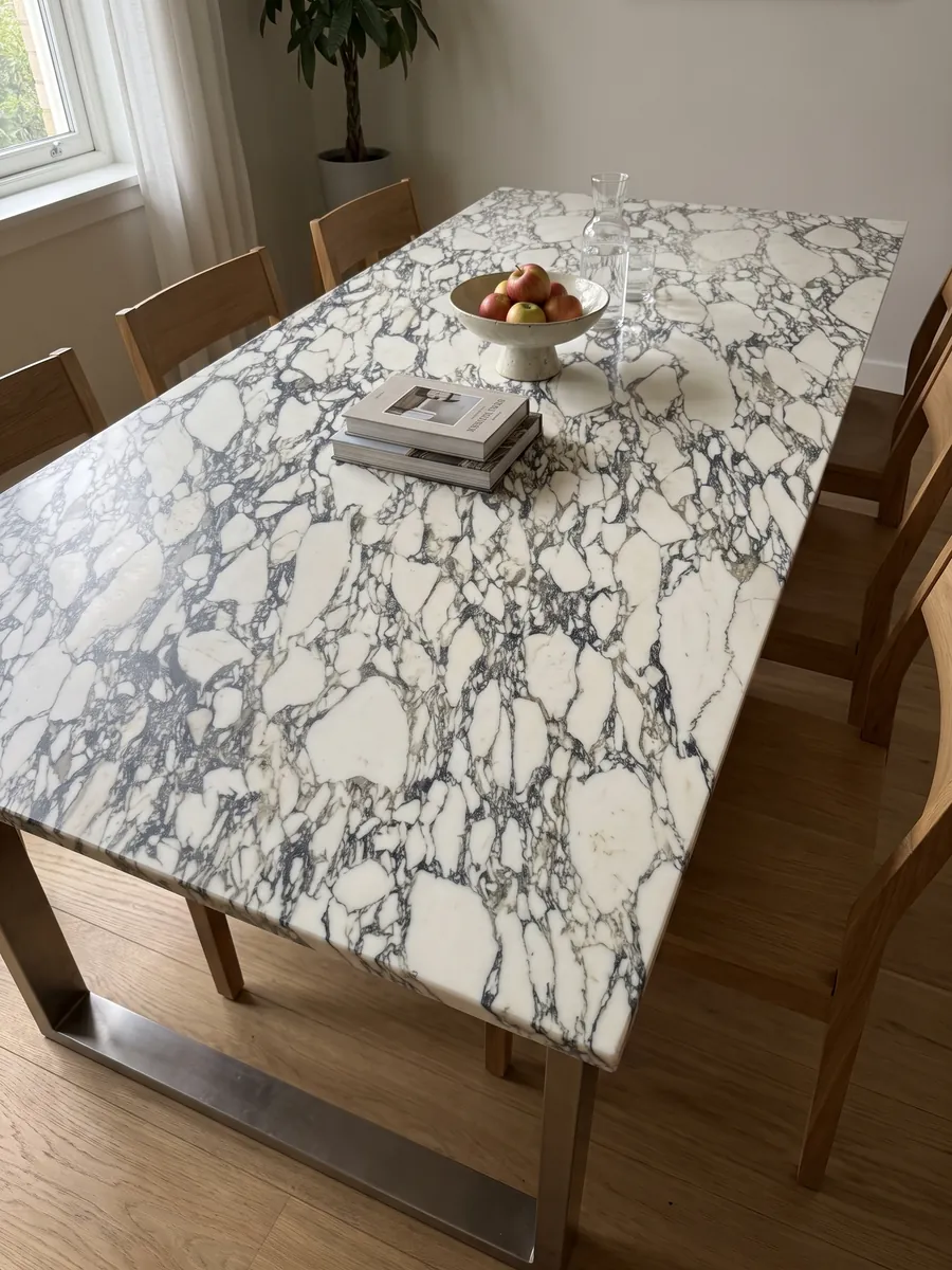 Mesa de comedor con cubierta de mármol blanco Arabescato Corchia sobre base de acero: red muy densa de vetas oscuras finas que encierran muchos fragmentos blancos pequeños