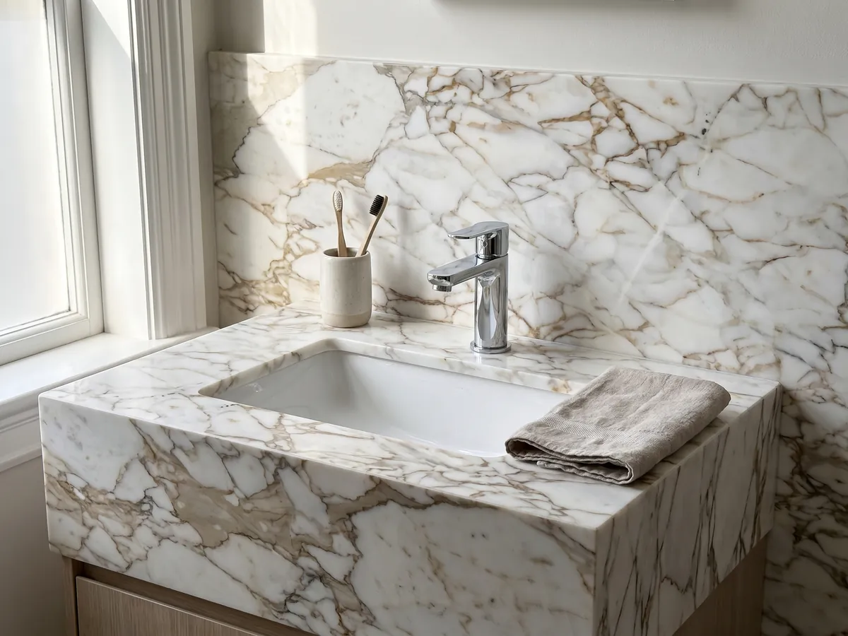 Cubierta de lavabo y pared de baño en mármol blanco Arabescato Oro con lavamanos blanco y grifería cromada: blanco con red de vetas finas color marrón dorado, en patrón de fragmentos grandes