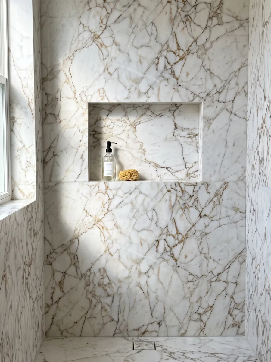 Ducha revestida con placas enteras de mármol blanco Arabescato Oro con nicho empotrado: blanco con red de vetas finas color marrón dorado, en patrón de fragmentos grandes
