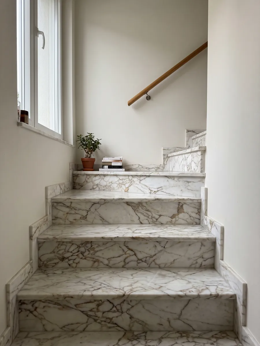 Escalera interior con peldaños de mármol blanco Arabescato Oro con pasamanos: blanco con red de vetas finas color marrón dorado, en patrón de fragmentos grandes