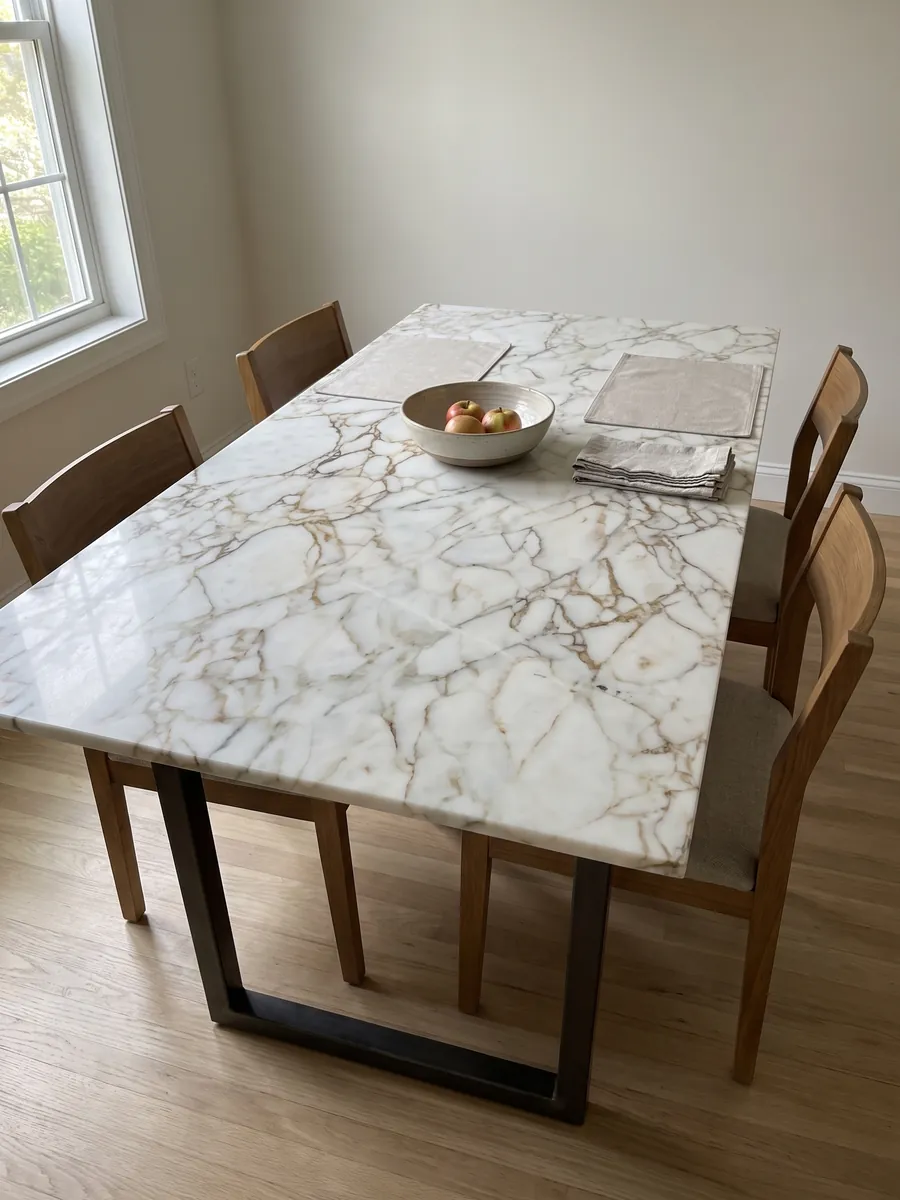 Mesa de comedor con cubierta de mármol blanco Arabescato Oro sobre base de acero: blanco con red de vetas finas color marrón dorado, en patrón de fragmentos grandes