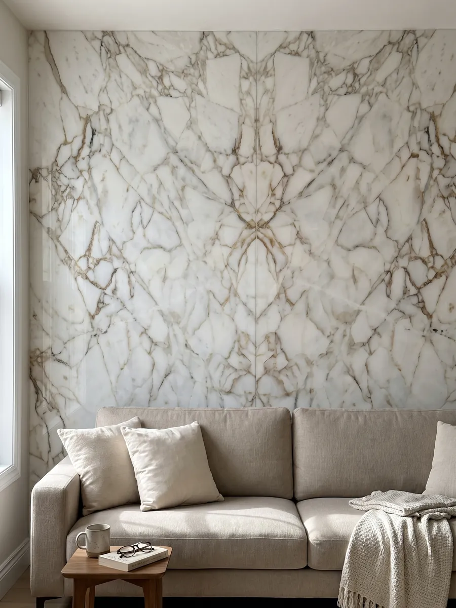 Pared de sala revestida con placas de mármol blanco Arabescato Oro abiertas en libro detrás de un sofá: blanco con red de vetas finas color marrón dorado, en patrón de fragmentos grandes