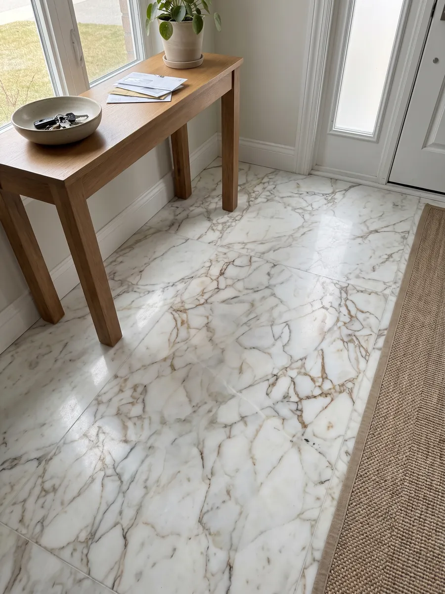 Piso de recibidor en placas grandes de mármol blanco Arabescato Oro con luz natural: blanco con red de vetas finas color marrón dorado, en patrón de fragmentos grandes