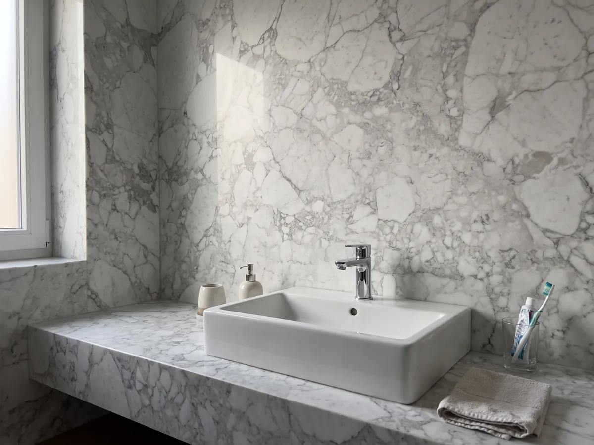 Cubierta de lavabo y pared de baño en mármol blanco Arabescato Vagli con lavamanos blanco y grifería cromada: fragmentos blancos rodeados de vetas gris suave, con una zona central más gris