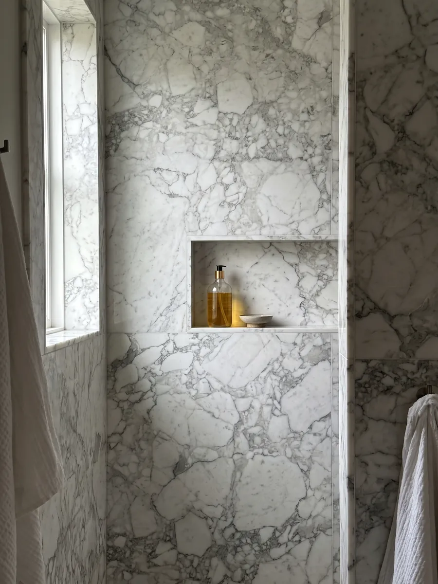 Ducha revestida con placas enteras de mármol blanco Arabescato Vagli con nicho empotrado: fragmentos blancos rodeados de vetas gris suave, con una zona central más gris