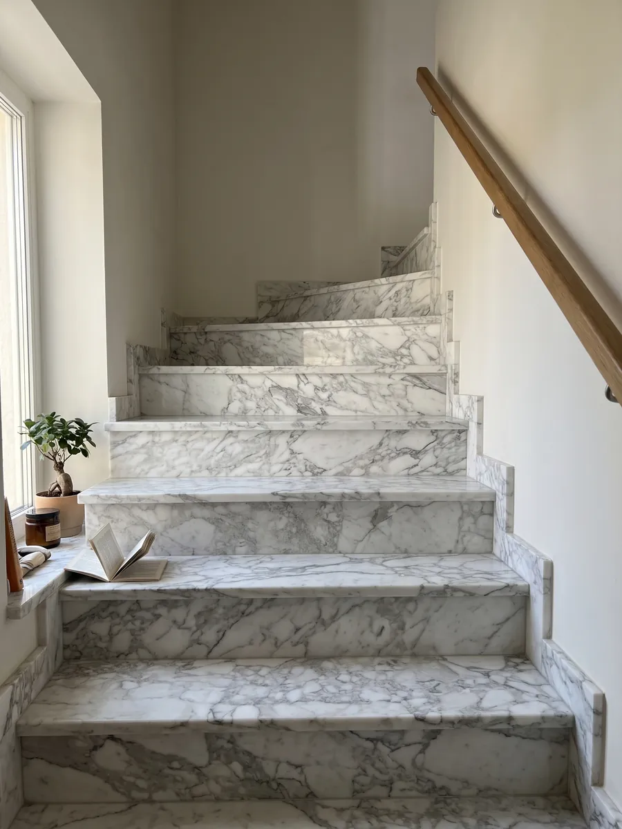 Escalera interior con peldaños de mármol blanco Arabescato Vagli con pasamanos: fragmentos blancos rodeados de vetas gris suave, con una zona central más gris