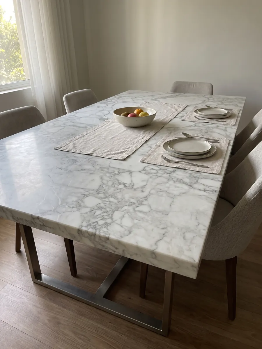 Mesa de comedor con cubierta de mármol blanco Arabescato Vagli sobre base de acero: fragmentos blancos rodeados de vetas gris suave, con una zona central más gris